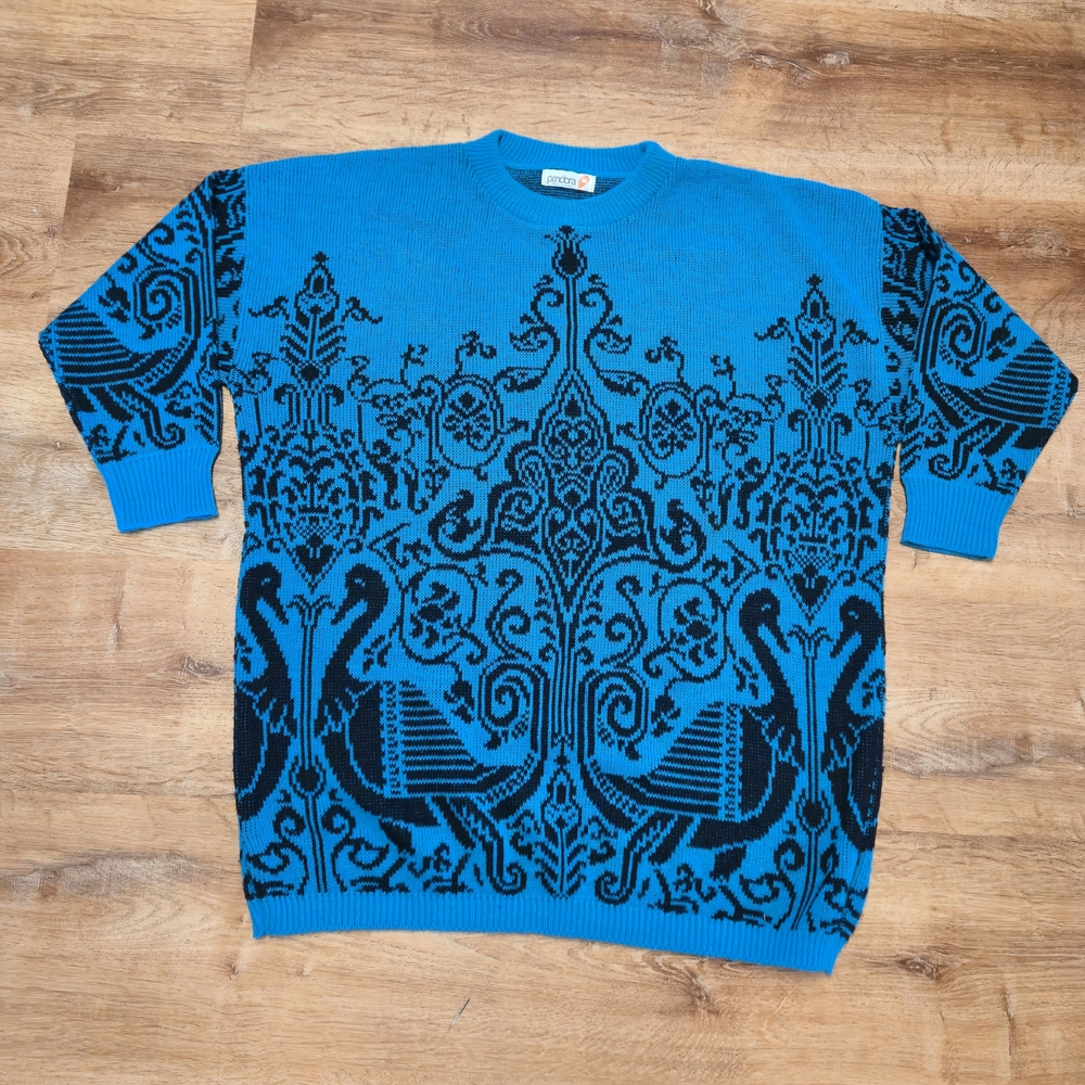 🇺🇸 Vintage Pandora Teal Black Ornate Women's Crewneck Oversized Sweater Medium